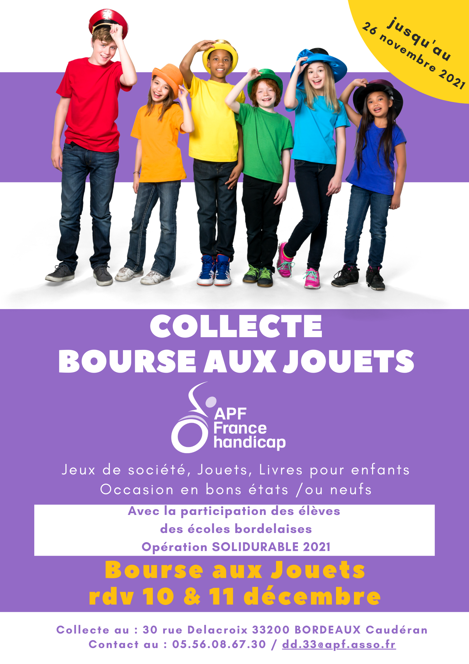 Collecte, dons, Jouets, évenements Gironde, Bordeaux, handicap, APF, Livres