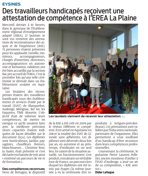 APF, Gironde, travail adapté, ESAT, Eysines, reconnaissance, compétences
